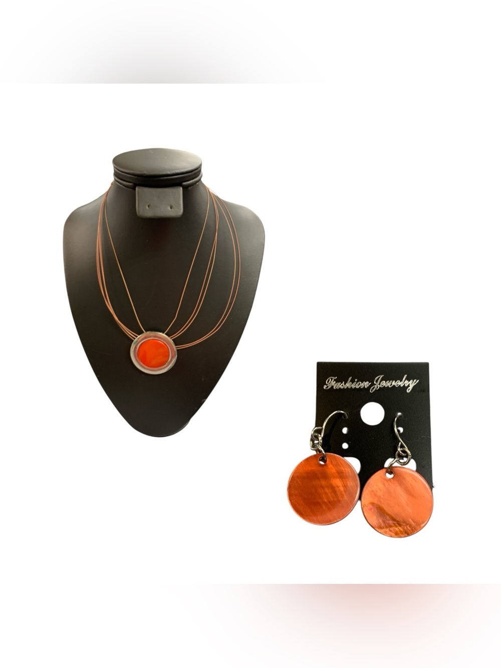 Fashion Jewelry Orange Layered Pendant Necklace with Matching Disc Earrings